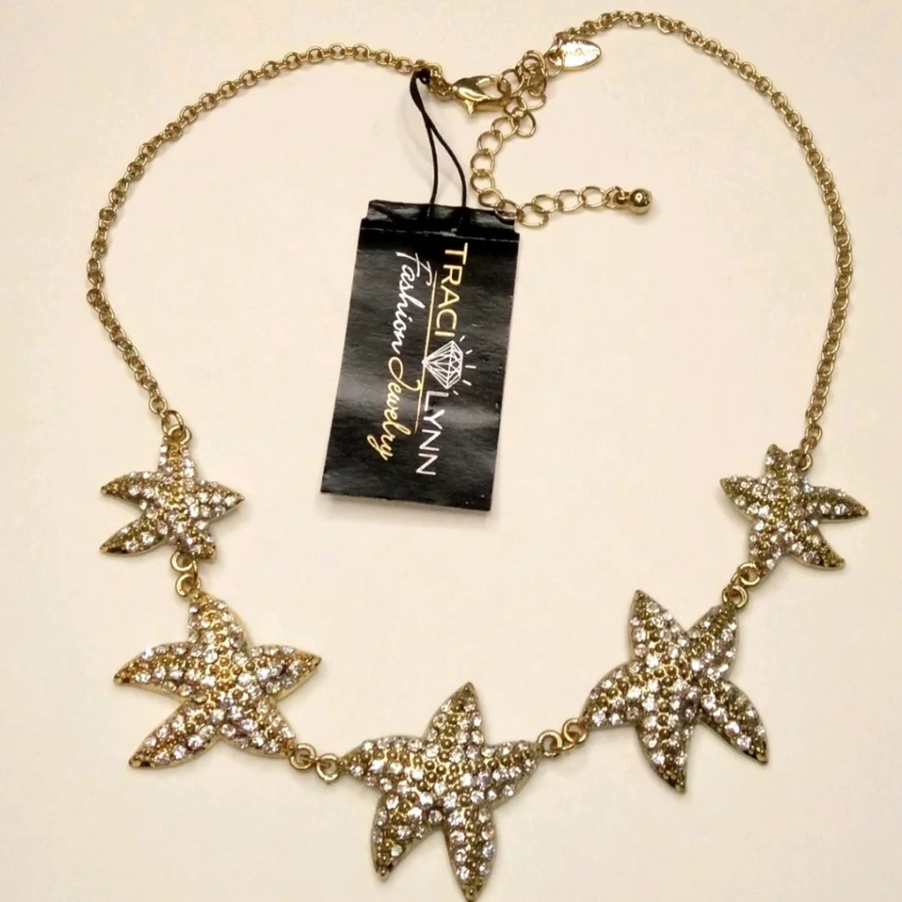 Traci Lynn"Sea Stars"Rhinestone Studded StarFish GoldTone Statement Necklace - Picture 8 of 9